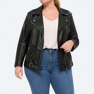 New Look Black Vegan Leather Moto Jacket Belted Biker Coat Plus Size 2X 3X 22 24